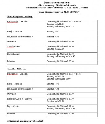 Unser Kinoprogramm vom 31.08.-06.09.2017